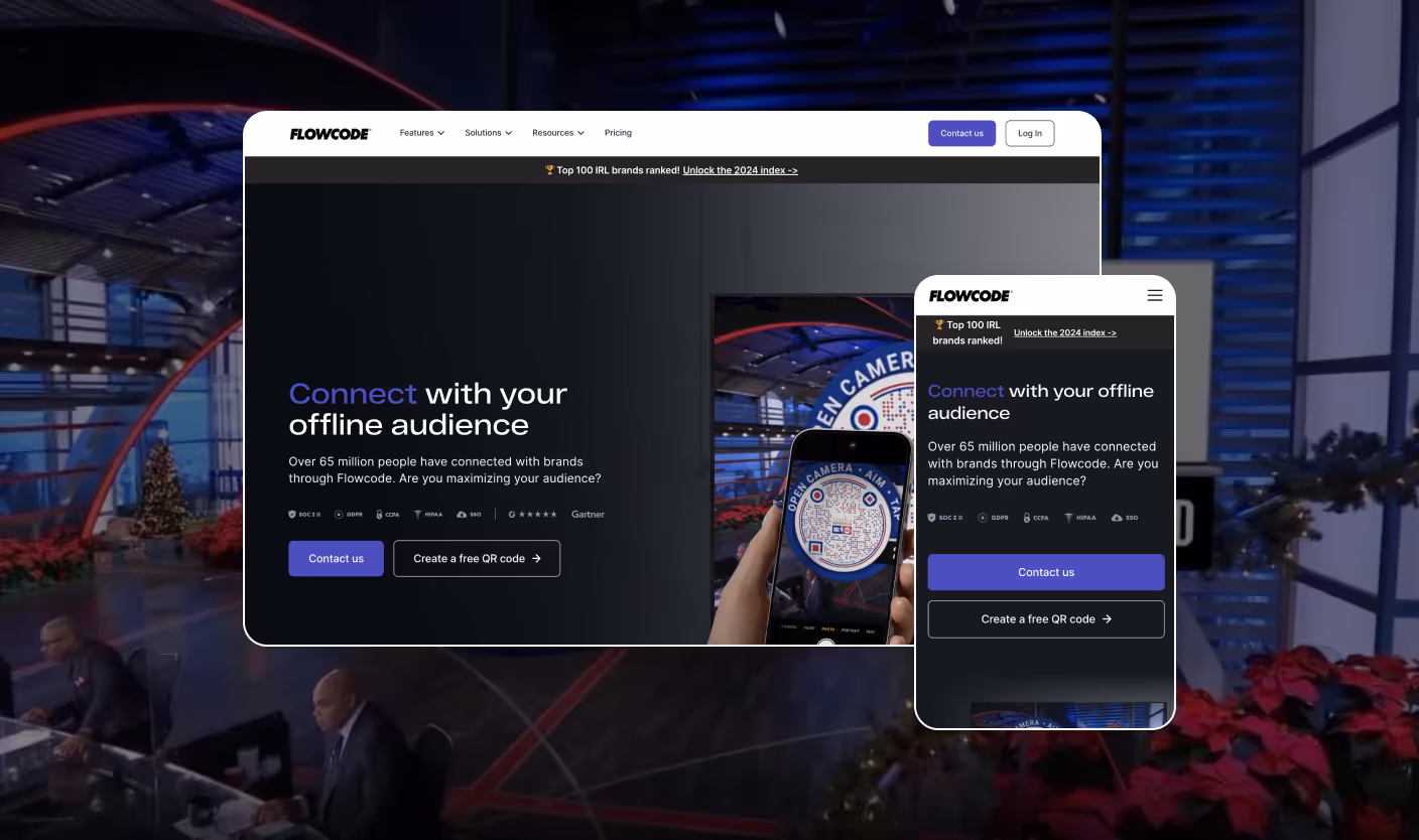 Flowcode website on desktop and mobile, with the headline Connect with your offline audience