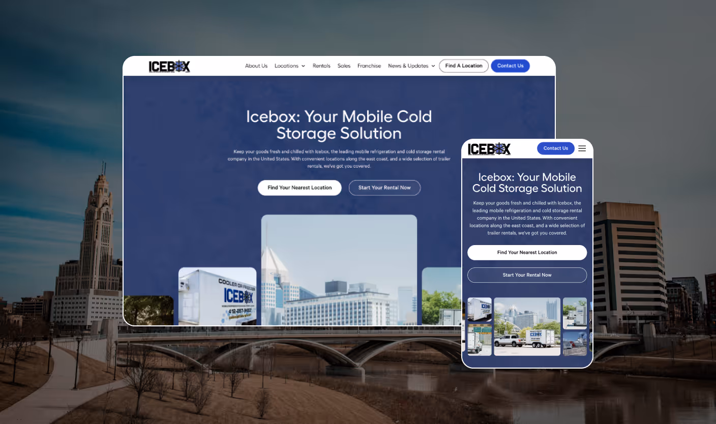 Icebox website on desktop and mobile, with the headline Icebox: Your Mobile Cold Storage Solution over a riverside city view