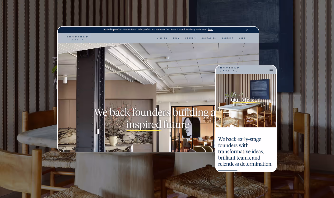 Inspired Capital website on desktop and mobile, with the headline We back founders building an inspired future