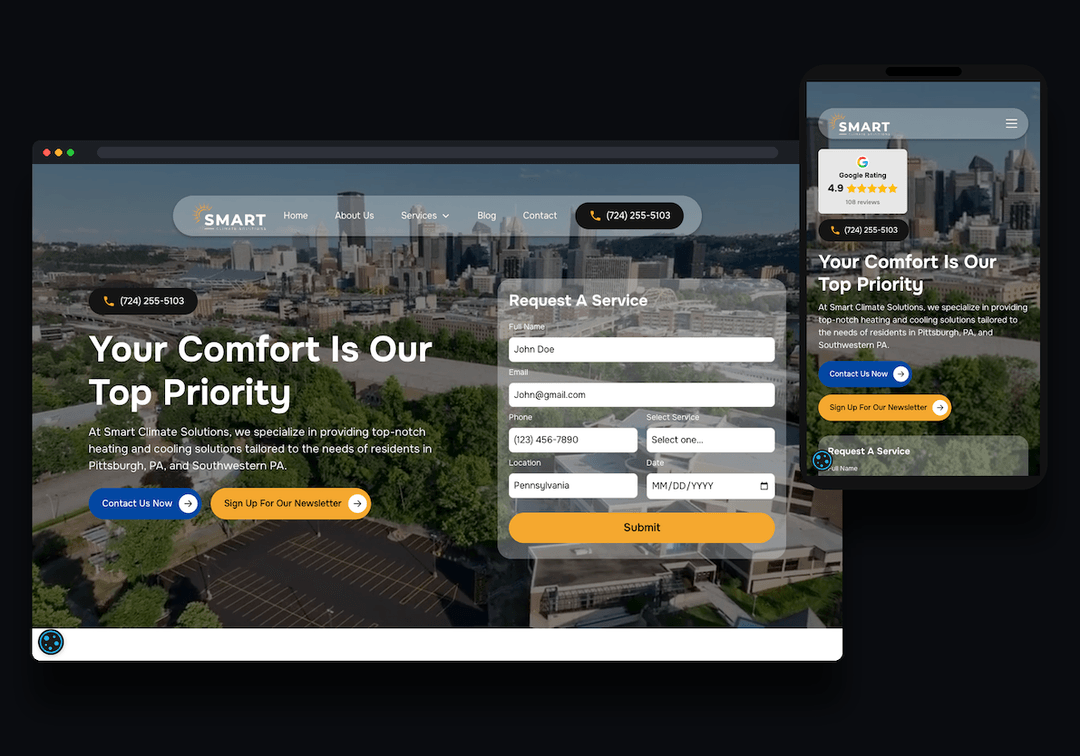 Smart Climate Solutions website on desktop and mobile, with the headline Your Comfort Is Our Top Priority over an aerial view of Pittsburgh