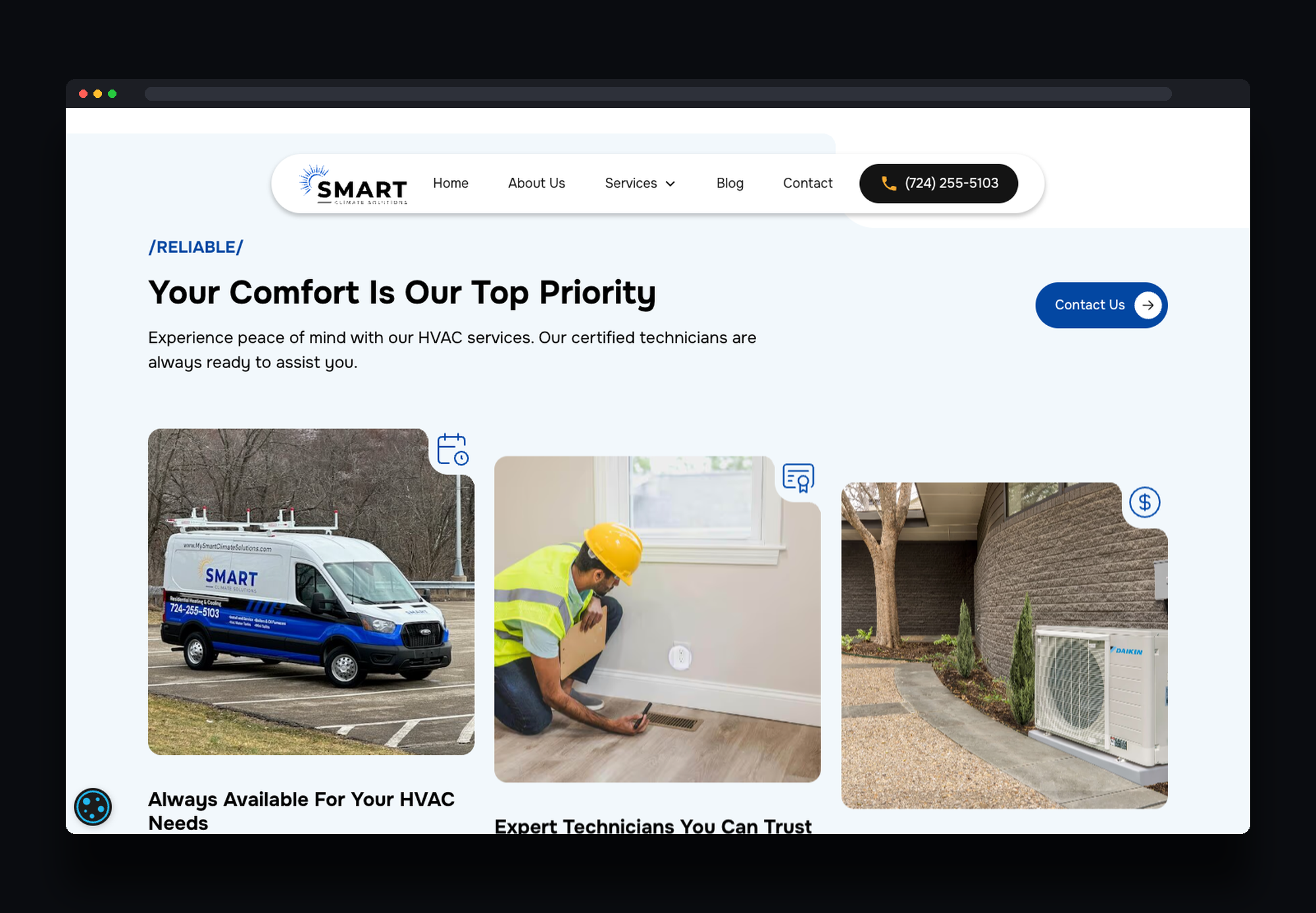 Smart Climate Solutions services page on the new Webflow site